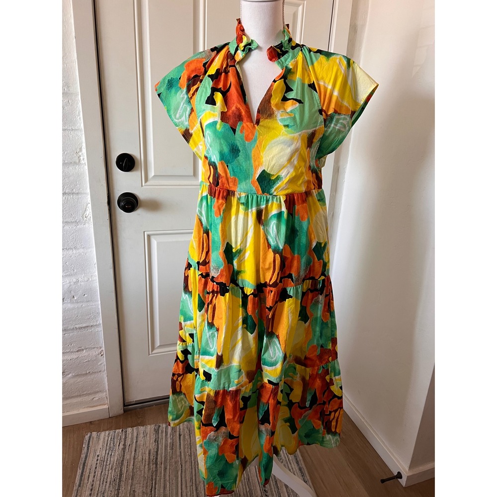 PINCH Floral Tiered Midi Dress Yellow Green Orange Cotton Flutter Sleeve Small